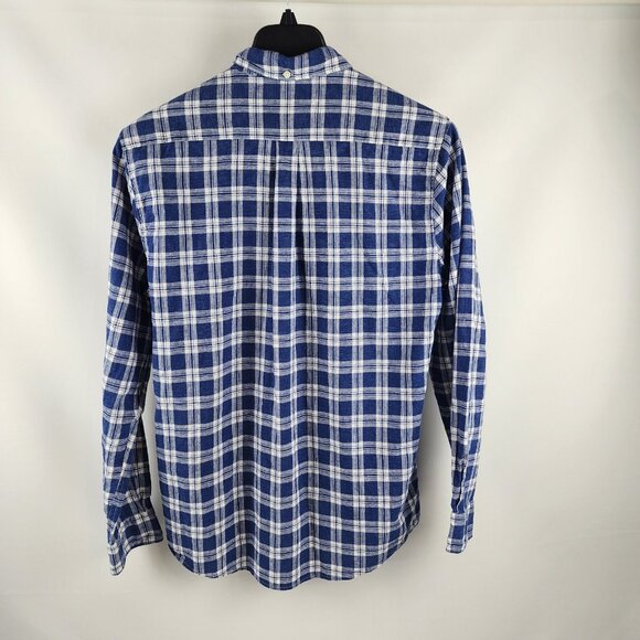 Barbour Shirt Mens Medium Check Tailored Fit Linen Blend L/S Blue Plaid Tartan - Picture 2 of 7